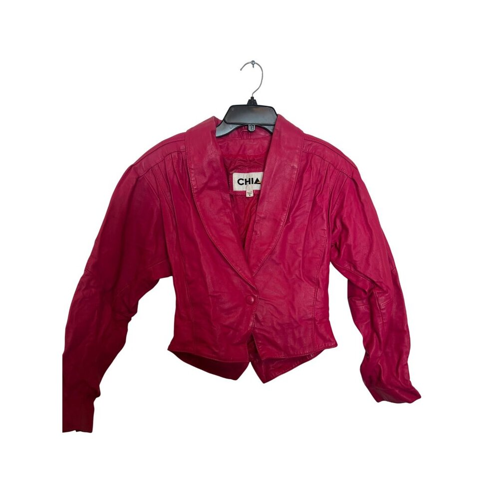Vintage CHIA Hot Pink Leather Cropped Jacket With Button Closure & Belted Waist